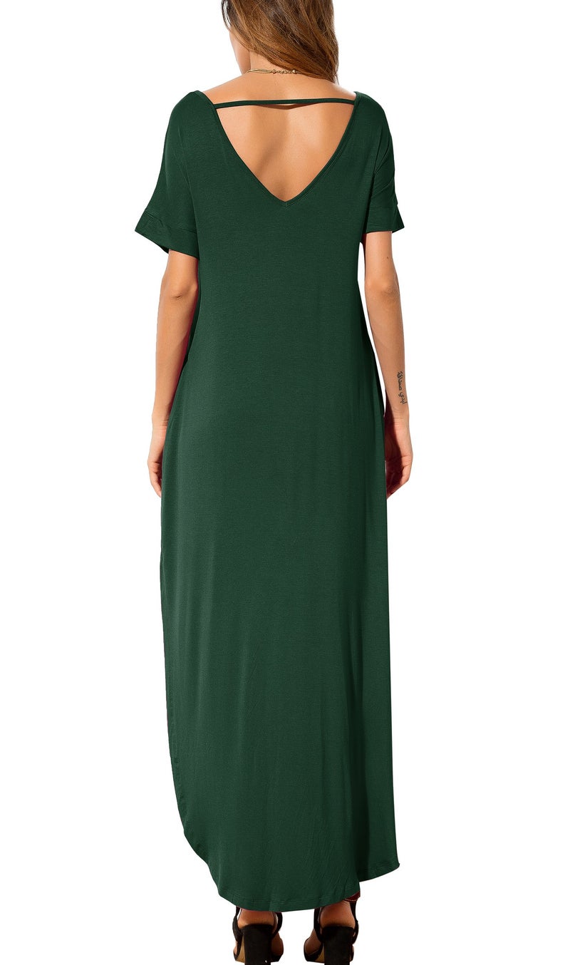 GRECERELLE Women's Maxi Dress Summer Casual Loose Side Split Short Sleeve V Neck Long Dresses with Pockets, Dark Green, Large - Image 2